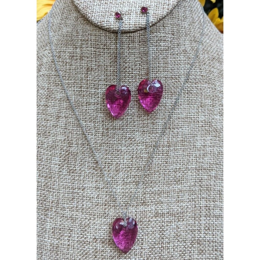Swarovski Swan Brand Fuchsia Pink Crystal Heart Necklace Earrings Jewelry Set - Picture 11 of 11
